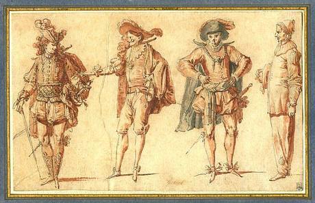  Four Commedia dell’Arte Figures. Pen and black ink, grey and red wash